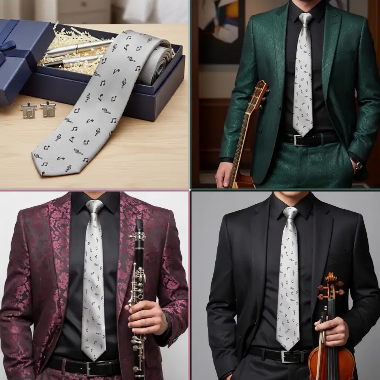 Gümüş Renkli Siyah Notalı Kravat