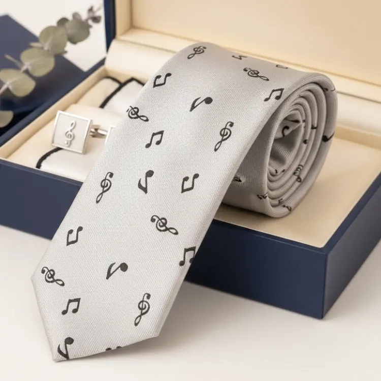 Gümüş Renkli Siyah Notalı Kravat