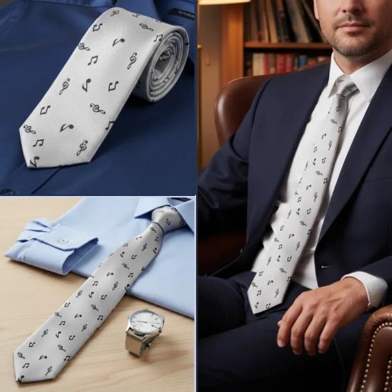 Gümüş Renkli Siyah Notalı Kravat