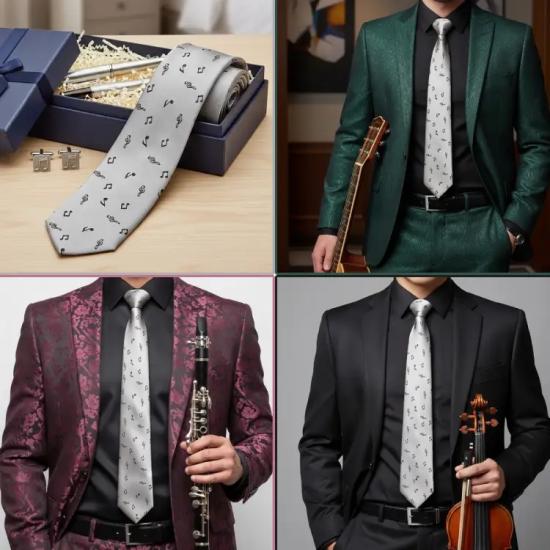 Gümüş Renkli Siyah Notalı Kravat