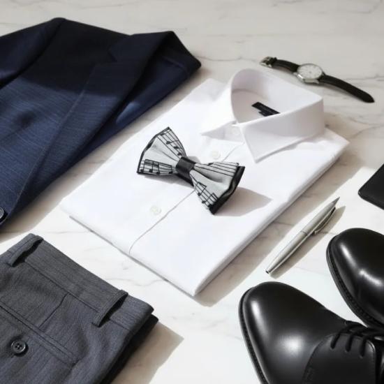 Dokuma Siyah Dizek ve Notalı Papyon